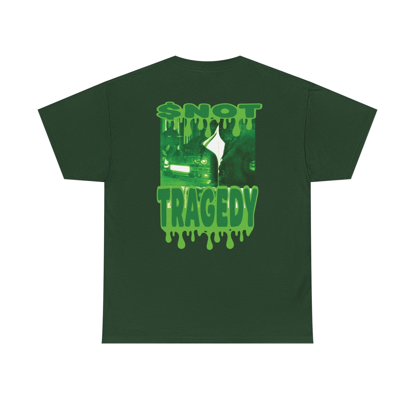 Forest green shirt showing green slime RP logo centered on chest and $not’s Tragedy album title in full green drip print on back.