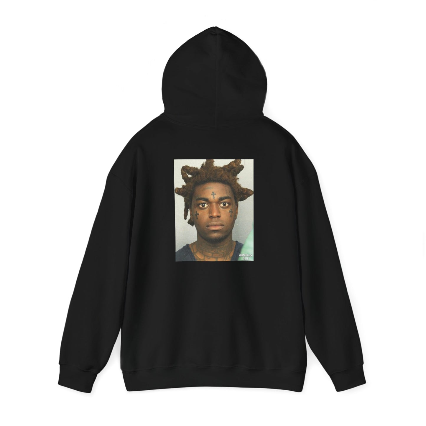 Light blue hoodie printed with Kodak Black’s full 2018 mugshot on the back and Rappers Paradise logo on the front chest.