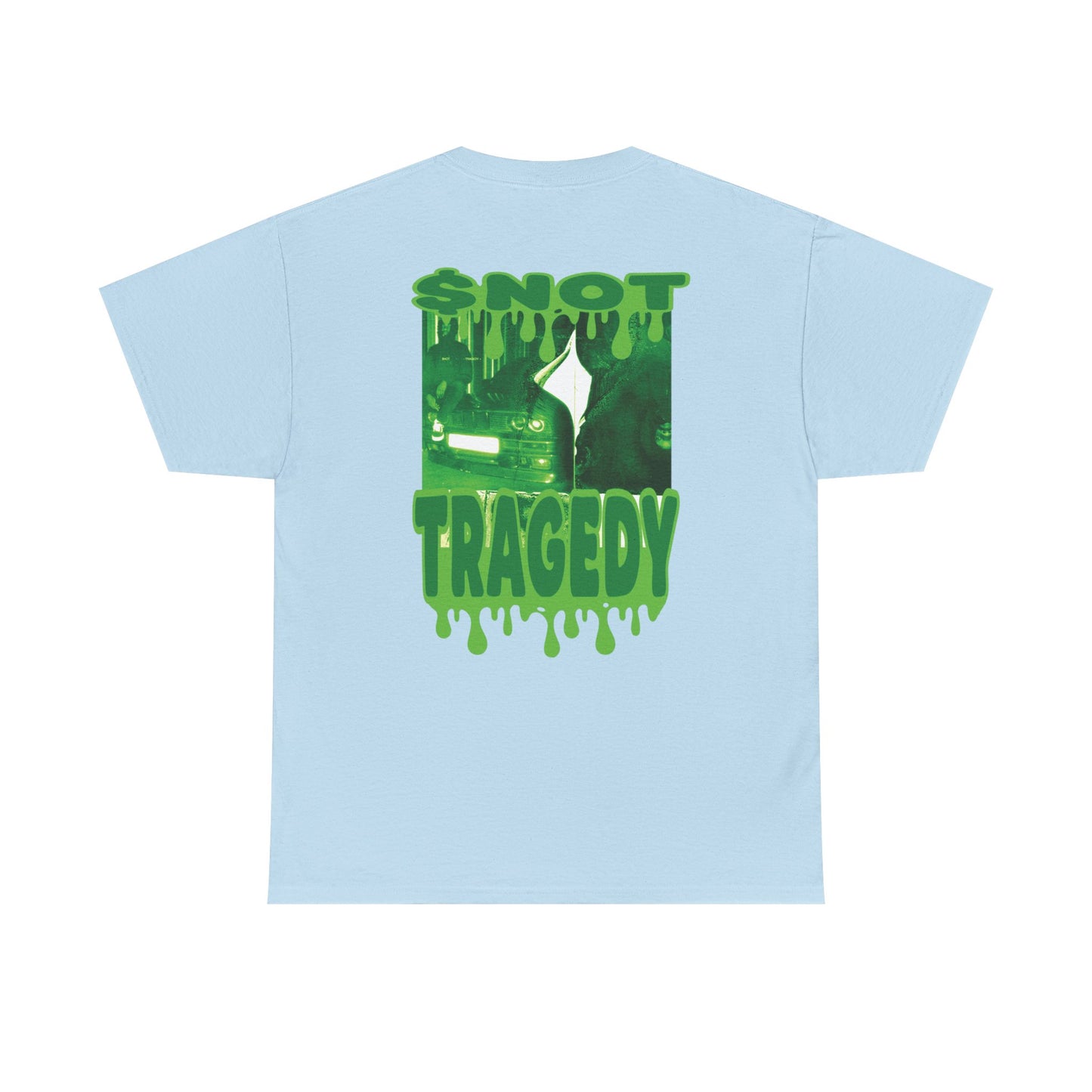 Light blue t-shirt featuring bright slime green RP front design and bold green Tragedy album graphic back print.