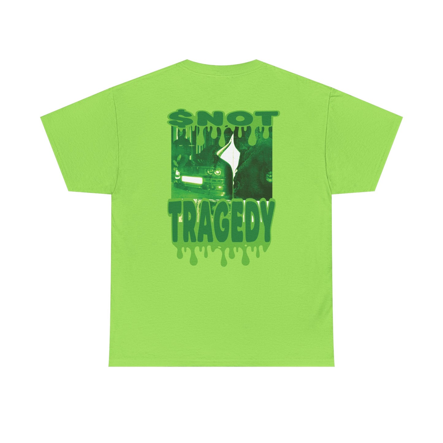 Neon green shirt featuring dripping slime RP logo up front and $not Tragedy graphic in bubbly green style on the back.