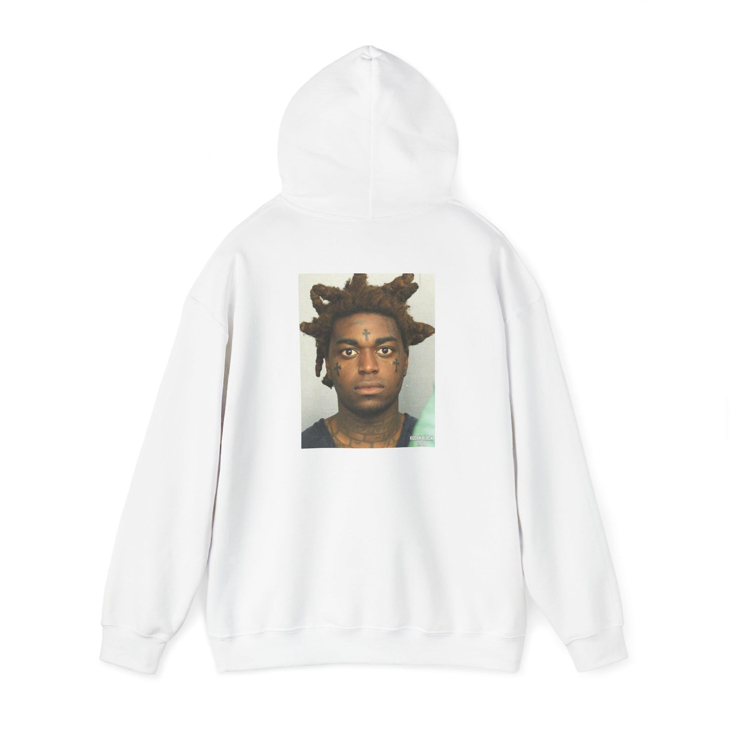 White hoodie with Kodak Black’s full mugshot graphic on the back and coconut-themed logo top right on the front.