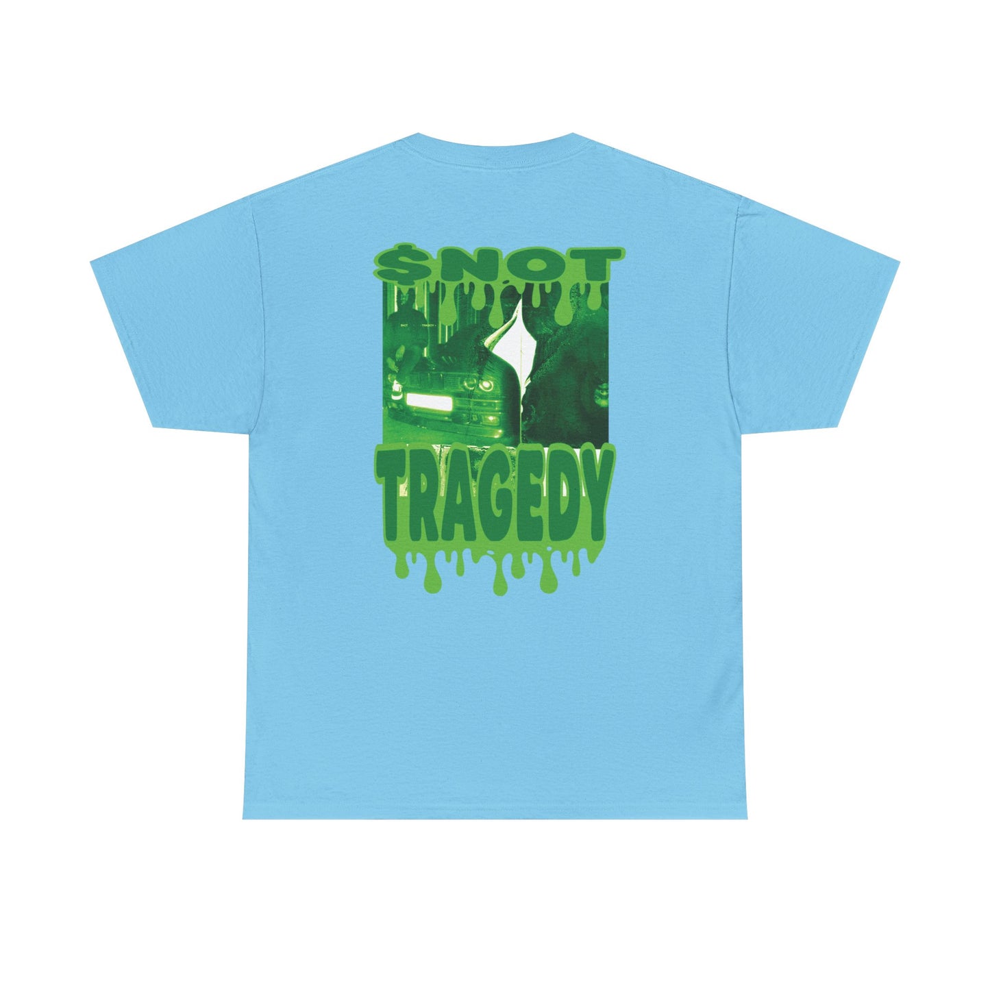 Sky blue shirt showing green RP slime logo front and $not’s drippy Tragedy album cover graphic printed on the back.
